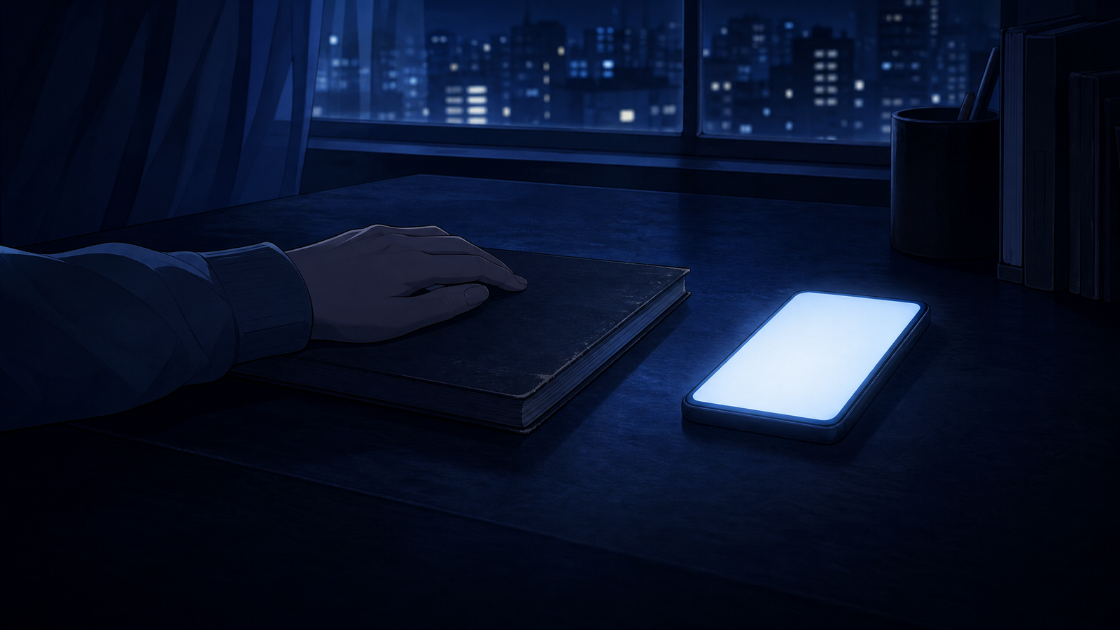 深夜の机の上、閉じられたネタ帳とスマートフォン